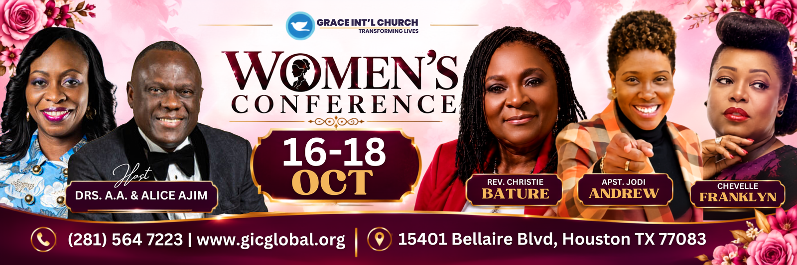 Women's Conference 2026 flyer — Rev. Christie Bature and Min. Olaoba Bidemi, October 16–18, hosted by GIC Global